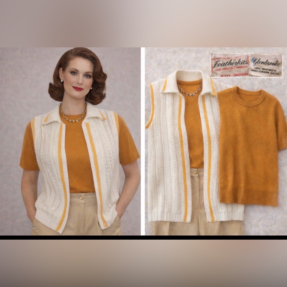 *1960βs - 2 piece sweater vest and top - mustard yellow and white- Medium